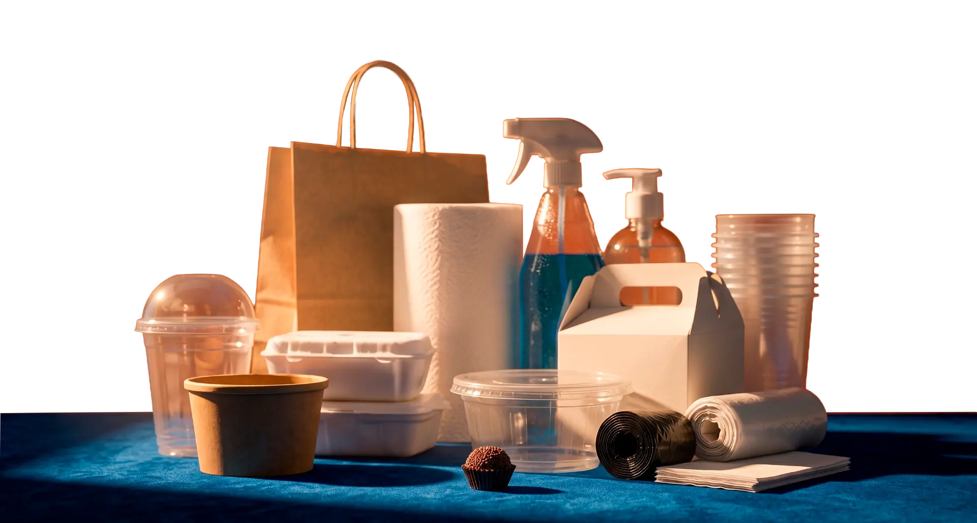 Sacolas de papel, potes, marmitas, copos, produtos de limpeza e saco de lixo alinhados sobre uma mesa